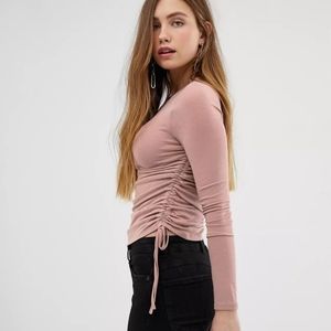 Bershka ruched side jersey top in Mauve pink/mink